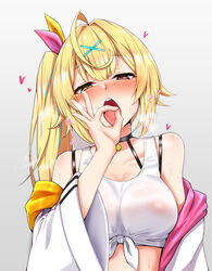 1girls ahoge bangs bare_shoulders blonde_hair blush breasts choker cleavage collarbone dot_nose eyebrows_visible_through_hair fellatio_gesture female female_only grey_background hair_ornament hair_ribbon half-closed_eyes hand_up heart heart-shaped_pupils heavy_breathing heterochromia highres hoshikawa_sara huge_ahoge large_breasts long_hair looking_at_viewer nijisanji nipples off_shoulder one_side_up pink_ribbon red_eyes ribbon sexually_suggestive shiny shiny_hair shiny_skin simple_background solo solo_female symbol-shaped_pupils tongue tongue_out upper_body virtual_youtuber x_hair_ornament yellow_eyes yellow_ribbon rating:Questionable score:223 user:BB7