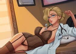 1girls black_corset black_garter_straps black_stockings blonde_hair blue_eyes boobs bustier cleavage coat deilan12 doctor ear_piercing garter_straps hair_bun lab_coat large_breasts lingerie looking_at_viewer lying_on_side mercy office open_mouth overwatch panties seductive solo stethoscope stockings thong white_coat rating:Explicit score:352 user:starboyjoe