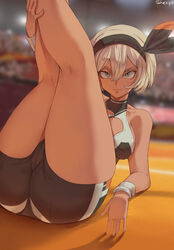 1girls bea_(pokemon) big_breasts bike_shorts butt casual cutesexyrobutts_(style) female female_focus female_only grey_hair high_resolution highres human legs_together legs_up looking_at_viewer nintendo patreon patreon_reward pokemon pokemon_ss rear_view shexyo short_hair sports_bra stadium tagme rating:Questionable score:271 user:DBKX