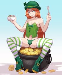 bdone bowl bowtie bustier cereal corset drooling erect_penis femboy four_leaf_clover gold_coin green_boots green_eyes green_hat green_panties high_heel_boots high_heels leprechaun licking_lips lucky_(lucky_charms) lucky_charms panties penis_out_of_underwear pot_of_gold red_hair solo_focus spoon striped_thighhighs trap rating:Explicit score:224 user:Wolverine