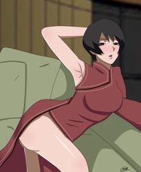 1girls agung911 arm_behind_head arm_up ass bangs big_ass black_eyes black_hair blush boruto:_naruto_next_generations breasts clothing dress female female_only kurotsuchi looking_at_viewer naruto naruto_(series) open_mouth posing short_hair rating:Questionable score:89 user:UnrealHarbor