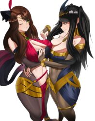 2girls alternate_costume bare_midriff bare_shoulders black_hair bodystocking breast_grab brown_eyes brown_hair cleavage dorothea_arnault dorothea_arnault_(plegian) female_only fire_emblem fire_emblem:_three_houses fire_emblem_awakening fire_emblem_heroes green_eyes large_breasts long_hair nintendo okaimikey one_eye_closed simple_background smile tharja_(fire_emblem) tharja_(plegian)_(fire_emblem) white_background wink rating:Questionable score:152 user:kris923