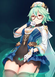 1girls belly blush genshin_impact glasses green_hair kerasu looking_down medium_breasts megane pubic_tattoo pussy ricegnat see_through small_breasts stockings stomach subjective sucrose_(genshin_impact) tattoo thighhighs thighs uncensored rating:Explicit score:233 user:bot