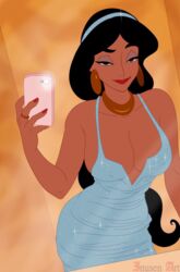 1girls aladdin arabian bimbo black_hair breasts brown_eyes cleavage dark-skinned_female dark_skin disney disney_princess earrings eyeshadow female female_only half-closed_eyes hips human inusen large_breasts lips lipstick long_hair looking_at_viewer makeup necklace piercing princess_jasmine red_lips red_lipstick selfie text towel very_long_hair voluptuous watermark rating:Explicit score:199 user:ShadowPain