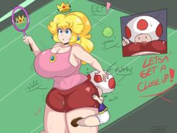 blonde_hair cleavage edit edited female fully_clothed hetero huge_breasts larger_female mario_(series) mario_tennis nintendo ponytail princess_peach size_difference smaller_male straight tennis_racket tennis_uniform thick_thighs toad_(mario) uuforya rating:Explicit score:60 user:Horny-On-Main