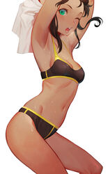 1girls aqua_eyes armpits arms_above_head arms_up athletic athletic_female bare_legs bare_shoulders black_bra black_hair black_panties blush bra breasts brown_skin cleavage clothing clothing_lift dark-skinned_female dark_skin female female_focus female_only heavy_breathing looking_at_viewer medium_breasts midriff navel original panties parted_lips posing revealing_clothes salmon88 shirt_lift shirt_up short_hair simple_background slim solo sports_bra sportswear stomach sweat thighs toned toned_female underwear wet wet_skin white_background rating:Questionable score:143 user:oldspice1