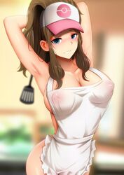 1girls alternate_breast_size apron armpits arms_above_head arms_behind_head arms_up ass baseball_cap big_breasts blue_eyes breasts brown_hair cap female ginhaha grin hat hilda_(pokemon) huge_breasts human long_hair looking_at_viewer naked_apron nintendo nipples pokemon pokemon_bw ponytail see-through see-through_clothing smile smiling solo solo_female spatula rating:Explicit score:356 user:Anonymous77