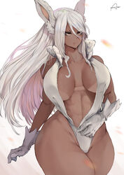 1girls alternate_costume animal_ears araneesama bare_shoulders big_breasts breasts bunny_ears curvy cutesexyrobutts_(style) dark-skinned_female dark_skin gloves highres leotard long_hair miruko my_hero_academia nipples parted_lips rabbit_girl red_eyes rumi_usagiyama sleeveless solo tanline teasing thick_thighs thighs undressing unzipped white_background white_fur white_hair wide_hips rating:Questionable score:310 user:UnrealHarbor