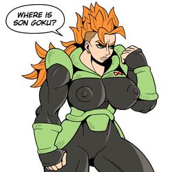 1girls android android_16 bodysuit breasts cameltoe clenched_hands dragon_ball dragon_ball_z earrings female frown half-closed_eyes large_breasts long_hair nipple orange_hair rule_63 shamefuldisplay solo rating:Questionable score:46 user:Shaded_Cube