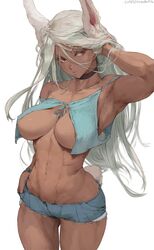 1girls abs absurd_res areola_slip artist_name breasts bunny_ears bunny_tail choker cleavage curvy cutesexyrobutts dark-skinned_female dark_skin erect_nipples erect_nipples_under_clothes female female_only hi_res midriff miruko muscular_female my_hero_academia red_eyes rumi_usagiyama short_shorts shorts shounen_jump signature solo tomboy white_background white_hair wide_hips rating:Questionable score:1009 user:WatchTheLanguage