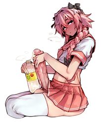 1boy 2d astolfo_(fate) astolfo_monster_cosplay_(meme) balls big_balls big_penis black_choker blush bottle choker clothing cock cropped_legs cum cum_in_bottle cum_in_container cum_trail cumdrip dick doppel erect_penis erection erection_under_skirt fate/grand_order fate_(series) femboy femboy_only full-face_blush girly gloves hair_between_eyes heavy_blush highres holding holding_bottle huge_cock human hung_trap light_skin long_braid long_hair male male_only meme midriff multicolored_hair neckerchief no_panties nsfw open_mouth otoko_no_ko pale_skin penis pink_hair pink_skirt pleated_skirt school_uniform serafuku short_sleeves simple_background sitting skirt solo streaked_hair testicles thick_penis thighhighs trap v veiny_penis very_long_hair white_gloves white_hair rating:Explicit score:1837 user:Cranium