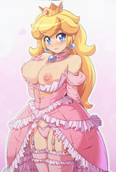 1girls areolae big_breasts blonde_hair blue_eyes blush breasts breasts_out crown dress konpeto looking_at_viewer mario_(series) nintendo nipples panties pink_background pink_dress pink_panties pink_stockings pink_thighhighs princess_peach remake stockings thighhighs rating:Explicit score:250 user:Xurb