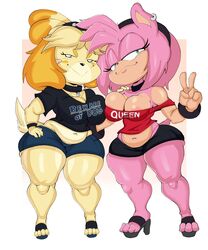 2021 2girls amy_rose animal_crossing anthro belly big_breasts breast_press breasts canine collar crossover dog evil_grin female fully_clothed furry hand_on_hip hedgehog heels hi_res highres hips isabelle_(animal_crossing) narrowed_eyes nintendo nipples no_bra peace_sign pink_fur purple_yoshi_draws sega shortstack skindentation smug sonic_(series) sonic_the_hedgehog_(series) thick thick_thighs thighs video_games white_background wide_hips yellow_fur rating:Explicit score:277 user:Pawg2000