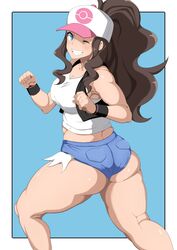 1girls ass blue_eyes breasts brown_hair female hat hilda_(pokemon) human long_hair minishorts nintendo oryuto pokemon pokemon_bw shorts solo standing thick_thighs thighs rating:Questionable score:80 user:Ugabuga