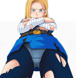 android_18 belt blonde_hair blue_eyes blue_panties dragon_ball dragon_ball_z fully_clothed jacket looking_at_viewer looking_down panties pantyhose raburebo shirt short_hair shounen_jump skirt torn_clothes underwear upskirt viewed_from_below white_background rating:Explicit score:86 user:TetTet