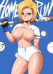 1girls android_18 areolae baseball baseball_bat basement big_breasts blonde_hair blue_eyes breasts breasts_out dragon_ball echosaber exposed_breasts female_focus female_only large_breasts looking_at_viewer nipples no_bra shirt_up short_hair shounen_jump sweat thick_thighs thighs rating:Explicit score:372 user:Cranium