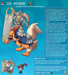 arcanine armor canine character_profile character_sheet chart english_text highres kinkymation nintendo page_59 page_number pokémon_(species) pokemon pokemon-girl_encyclopedia pokemon_rgby pokemorph pokemusu profile quadruped safe text text_box rating:Safe score:66 user:!nner$elf89