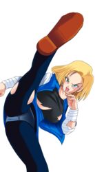 1girls android_18 big_breasts blonde_hair blue_eyes blue_panties breasts dragon_ball dragon_ball_z female female_only jacket open_mouth panties pantyshot raburebo shirt shoes short_hair skirt solo spread_legs torn_clothes upskirt rating:Explicit score:62 user:TetTet