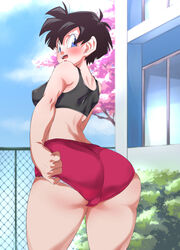 1girls ass ass_focus black_hair bloomers blush buruma buruma_pull dragon_ball dragon_ball_z gym_shorts looking_back rom short_hair shounen_jump solo sports_bra teenager videl rating:Questionable score:134 user:MegaMoo