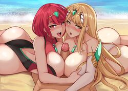 1boy 2girls 3some ass big_ass blonde_hair blush collaborative_paizuri double_paizuri earrings ffm_threesome hair_ornament huge_breasts lainart long_hair mythra nintendo one-piece_swimsuit open_mouth outdoors paizuri penis pyra red_eyes red_hair short_hair swimsuit threesome tiara titjob very_long_hair xenoblade_(series) xenoblade_chronicles_2 yellow_eyes rating:Explicit score:901 user:stay