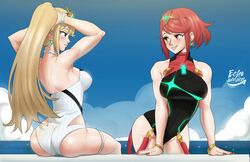 2girls blonde_hair echosaber female female_only mythra nintendo one-piece_swimsuit pyra red_hair swimsuit xenoblade_(series) xenoblade_chronicles_2 rating:Questionable score:204 user:Freezer88