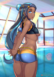 1girls armband ass belly_chain blue_eyes blue_hair breasts curvy_figure ear_piercing earrings eye_contact female game_freak gym_leader hair_ornament hoop_earrings lipstick long_hair looking_at_viewer nessa_(pokemon) nintendo pokemon pokemon_ss redjet shorts standing thick_ass thick_thighs thighs tight_shorts rating:Questionable score:81 user:Ugabuga