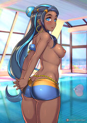 1girls areolae armband ass belly_chain bike_shorts blue_eyes blue_hair blush breasts curvy_figure dark-skinned_female dark_skin ear_piercing earrings eye_contact female female_only game_freak gym_leader hair_ornament hoop_earrings lipstick long_hair looking_at_viewer nessa_(pokemon) nintendo nipples pokemon pokemon_ss redjet shorts solo standing thick_ass thick_thighs thighs topless rating:Explicit score:138 user:Ugabuga