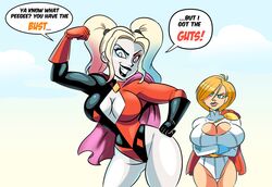 2girls annoyed big_breasts blonde_hair breasts cape cleavage cleavage_cutout curvy dc dc_comics dialogue dialogue_bubble english_text female_only glassfish harley_quinn huge_breasts kara_zor-l karen_starr leotard lipstick pigtails power_girl pun seductive superheroine superman_(series) supervillain text thick thick_thighs wide_hips rating:Questionable score:140 user:Tronitrus