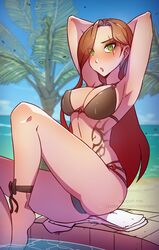 1girls 2021 arms_behind_head beach bikini black_bikini blush bow eye_scar eye_visible_through_hair feet_in_water first_post_of_artist green_eyes himmely katarina_du_couteau league_of_legends looking_at_viewer patreon_username pool poolside red_hair solo swimsuit tattoo towel rating:Explicit score:110 user:Matt.Master