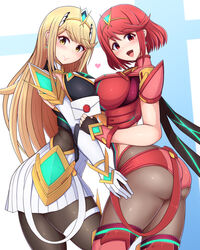 armor ass big_breasts blonde_hair earrings envelope gloves headpiece heart invitation jewelry letter looking_at_viewer mythra nintendo ponpo pyra red_eyes red_hair smash_invitation smile super_smash_bros. thick_thighs thigh_strap thighhighs xenoblade_(series) xenoblade_chronicles_2 yellow_eyes rating:Questionable score:139 user:zoomzoomomega