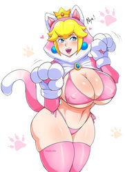 1girls animal_ears big_breasts bikini blonde_hair blue_eyes blush breasts cat_ears cat_peach cat_suit cat_tail claws cleavage crown cute_fangs earrings erect_nipples eyebrows eyelashes eyes female female_only hair huge_breasts large_breasts mario_(series) navel nintendo open_mouth paws pink_bikini pink_stockings pink_thighhighs pinkkoffin princess_peach royalty solo solo_female stockings stomach super_mario_3d_world tail thick_thighs thighhighs top_heavy video_games white_background wide_hips rating:Explicit score:290 user:Dragonballgt9999