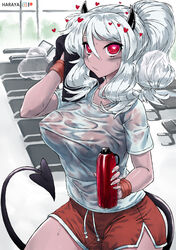 braless demon_girl demon_horns demon_tail gym gym_shorts haraya heart heart_eyes helltaker inside looking_at_viewer modeus_(helltaker) nipples_visible_through_clothing ponytail soft_shading spade_tail steam straight_hair sweat t-shirt three-quarter_portrait towel treadmill water_bottle wet wet_clothes wet_shirt white_hair wiping_face wiping_sweat wristband rating:Explicit score:224 user:dramuldom