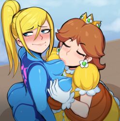 2girls absurd_res afrobull alternate_breast_size areolae big_breasts blonde_hair blush bodysuit breast_sucking breast_sucking_through_clothes breasts clothing dress eager embarrassed female female_only flustered hi_res large_areolae large_breasts large_nipples lesbian mario_(series) metroid mole mole_under_mouth nintendo nipple_bulge nipples pale-skinned_female ponytail princess_daisy puffy_nipples samus_aran skin_tight super_smash_bros. tight_clothing yuri zero_suit zero_suit_samus rating:Questionable score:499 user:WatchTheLanguage