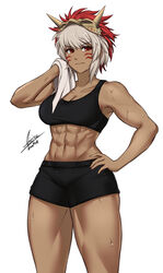 1girls abs after_workout airisubaka bare_midriff big_breasts cleavage fire_emblem fire_emblem_fates grey_hair looking_at_viewer medium_hair muscular muscular_female nintendo red_eyes rinkah_(fire_emblem) short_hair shorts solo solo_female sweat sweaty tank_top thick_thighs towel white_background workout rating:Questionable score:140 user:kris923