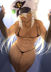 1girls abs areola_slip belly bellybutton black_bra black_panties blonde_hair blush breasts dark-skinned_female dark_skin erect_nipples eyelashes guilty_gear guilty_gear_strive hat hourglass_figure lips long_hair looking_at_viewer makumaxu medium_breasts micro_bikini muscular muscular_female open_mouth ramlethal_valentine solo thick_thighs thighs white_headwear wide_hips yellow_eyes rating:Questionable score:143 user:Muramura