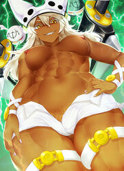 1girls abs blonde_hair blush breasts cameltoe dark_skin eyelashes from_below grin guilty_gear guilty_gear_xrd hand_on_hip hat large_breasts long_hair looking_at_viewer looking_down makumaxu nipples no_panties open_clothes open_pants open_shorts pubic_hair pubic_hair_peek ramlethal_valentine sharp_teeth short_shorts shorts sword thick_thighs thighs toned toned_female topless underboob white_headwear white_legwear wide_hips yellow_eyes rating:Explicit score:120 user:Muramura