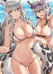 2girls animal_ears arknights beach big_breasts blue_eyes bra braids breasts cliffheart_(arknights) eyewear_on_head fluffy_tail headwear long_hair navel necklace ocean open_mouth open_smile panties partially_clothed pramanix_(arknights) sisters smile solo_female springveiv sunglasses sunglasses_on_head swimsuit tail thighs underwear white_hair rating:Questionable score:141 user:Mivaza