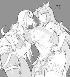 2girls bagelbomb big_ass big_breasts black_and_white blush breast_press jealous kid_icarus long_hair monochrome mythra palutena super_smash_bros. thick_thighs xenoblade_(series) xenoblade_chronicles_2 rating:Explicit score:182 user:soviet_doggo