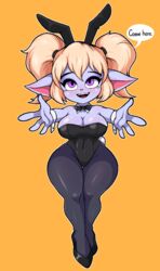 1girls big_breasts big_ears blonde_hair blue_skin breasts bunnysuit female female_focus female_only hourglass_figure league_of_legends looking_at_viewer marshort poppy purple_eyes riot_games shortstack smile solo solo_female solo_focus thick_thighs twintails yordle rating:Questionable score:181 user:westlander2