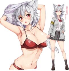 1girls alternate_costume amagi_(amagi626) animal_ear_fluff animal_ears anklehighs armpits bare_shoulders black_socks bow bowtie bra breasts brown_footwear brown_loafers cardigan cleavage clothed clothing collarbone contrapposto female female_only fully_clothed grey_legwear grey_skirt hat humanoid kemonomimi large_breasts loafers looking_at_viewer loose_socks miniskirt momiji_inubashiri mostly_nude multiple_views navel oerba_yun_fang pale_skin panties pleated_skirt red_bra red_eyes red_headwear red_neckwear red_panties school_uniform shoes silver_hair simple_background skirt socks socks_and_shoes solo standing stomach sweat tail tokin_hat touhou underboob underwear white_background wolf_ears wolf_girl wolf_tail rating:Questionable score:101 user:IcyPenguigo