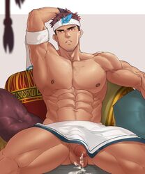 1boy abs armpits bara brown_hair chest_hair cum dark-skinned_male dark_skin ejaculation facial_hair feet_out_of_frame flaccid full_service hand_on_own_head headband highres large_pectorals looking_at_viewer male male_focus male_only mature_male muscular muscular_male navel navel_hair nipples nude oki_ardana osmond pelvic_curtain penis short_hair sitting solo spread_legs stomach stubble testicles thick_thighs thighs veins rating:Explicit score:41 user:bot