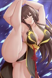 alternate_costume alternate_hairstyle asian aslindsamure big_breasts braids breasts brown_hair capcom chun-li cleavage female fully_clothed raised_leg revealing_clothes street_fighter street_fighter_v tagme tagme_(artist) vertical_splits video_games rating:Explicit score:109 user:DickGuy8719