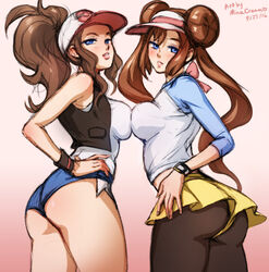 2girls areolae ass blue_eyes breasts brown_hair female female_only fully_clothed hilda_(pokemon) human looking_at_viewer looking_back minacream nintendo nipples pantyhose pokemon pokemon_bw pokemon_bw2 rosa_(pokemon) simple_background sketch skirt symmetrical_docking upskirt watermark yuri rating:Questionable score:201 user:justausername