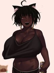 1girls ahoge ahoge_catgirl_(kevbot) black_hair breasts catgirl cleavage dark-skinned_female dark_skin drunk earrings female female_only hoop_earrings huge_breasts kevbot open_mouth original short_hair solo sweat very_dark_skin rating:Questionable score:170 user:justausername