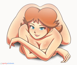 1girls arms_crossed ass bad_censor bent_over blue_eyes breasts brown_hair covering female female_only freckles full_body hi_res laying_down looking_at_viewer mario_(series) nintendo nude princess_daisy simple_background smile solo spotty_arts white_background rating:Explicit score:96 user:Spotty_Arts