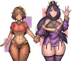 2girls armpits black_topwear blushing_at_viewer diablo g-string holding_hands jewelry kelvin_hiu large_breasts leah_(diablo) li-ming low_cut_top midriff purple_eyes tagme thick_thighs thighhighs wide_hips yellow_eyes yellow_hairband yuri rating:Questionable score:178 user:eztarg3t