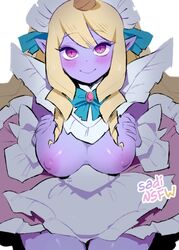 1girls areola blonde_hair blush blush_lines breasts breasts_out cafe_cutie_soraka cafe_cuties_series closed_mouth closed_smile clothing dress eyelashes female female_focus female_only holding_breasts league_of_legends long_hair looking_at_viewer maid maid_headdress maid_outfit maid_uniform nipples pointy_ears purple_body purple_nipples purple_skin ribbon sadinsfw smile solo solo_female solo_focus soraka thick_thighs thighs rating:Explicit score:74 user:heartless0