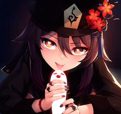 :p bangs black_headwear black_nails blush brown_hair commentary eye_contact eyebrows_visible_through_hair eyes_visible_through_hair female fingernails flower flower-shaped_pupils genshin_impact ghost ghost_penis hair_between_eyes hat hat_flower hu_tao_(genshin_impact) imminent_fellatio imminent_oral jewelry kerasu long_hair long_sleeves looking_at_viewer orange_eyes plum_blossoms ricegnat ring smile solo symbol_commentary tongue tongue_out upper_body rating:Explicit score:208 user:bot