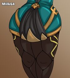 2021 artist_name ass ass_focus clothed dark-skinned_female gradient_background league_of_legends leggings legwear milk64 qiyana_yunalai skirt thick_thighs rating:Questionable score:14 user:Milk64