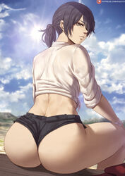 1girls alternate_version_available arched_back ass attack_on_titan big_ass black_eyes black_hair booty_shorts cutesexyrobutts_(style) dat_ass female female_only looking_at_viewer looking_back mikasa_ackerman outdoors ponytail shexyo short_hair shorts sitting solo rating:Questionable score:653 user:Valkriiee